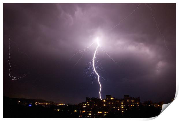 Lightning over residential area of Ljubljana Print by Ian Middleton