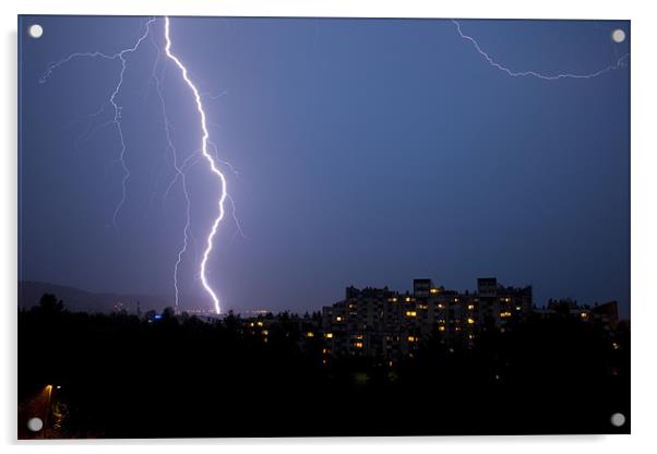 Lightning over residential area of Ljubljana , Slo Acrylic by Ian Middleton