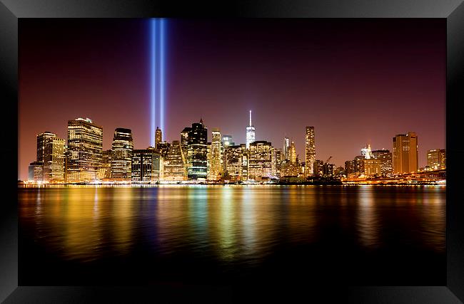 Manhattan skyline 9/11 Tribute in Light NYC Framed Print by Greg Marshall
