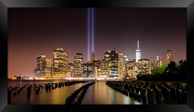  Manhattan 9/11 Tribute in Light NYC Night Framed Print by Greg Marshall