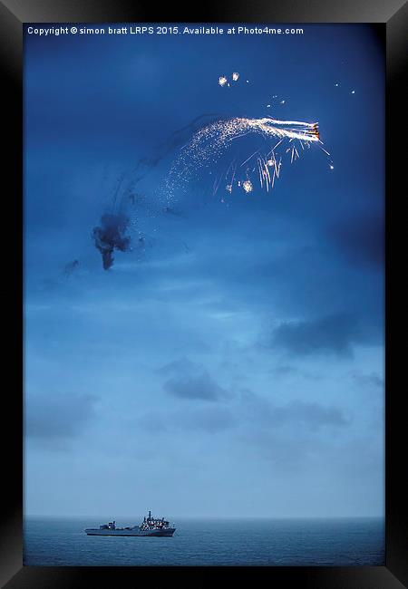 Pyrotechnics plane over ship Framed Print by Simon Bratt LRPS