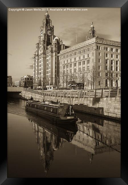 Canal boat in front of the Three Graces Framed Print by Jason Wells