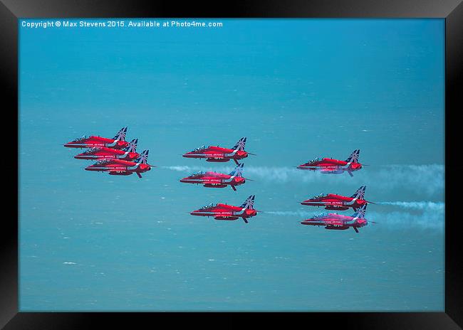  Red Arrows formation low over the sea Framed Print by Max Stevens