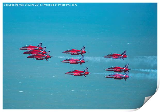  Red Arrows formation low over the sea Print by Max Stevens