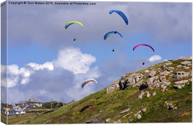 Paragliding Over Sennen Cove  Canvas Print by Terri Waters