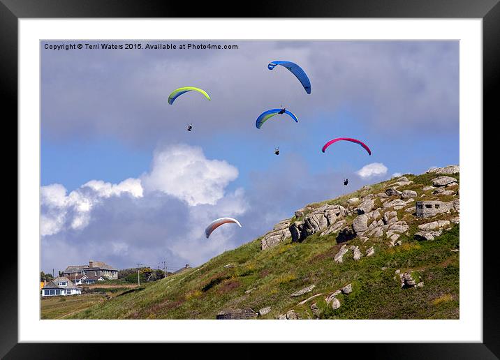 Paragliding Over Sennen Cove  Framed Mounted Print by Terri Waters
