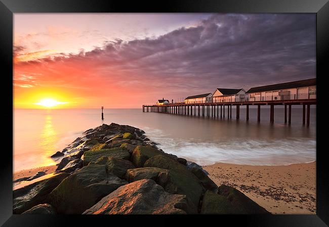 Serene Sunrise at Southwold Pier Framed Print by Rick Bowden