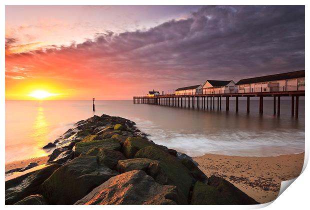 Serene Sunrise at Southwold Pier Print by Rick Bowden
