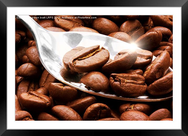 Coffee beans close up on a spoon with sunlight ref Framed Mounted Print by Simon Bratt LRPS