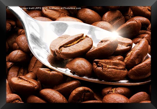 Coffee beans close up on a spoon with sunlight ref Framed Print by Simon Bratt LRPS
