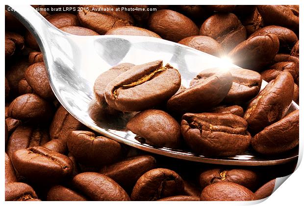 Coffee beans close up on a spoon with sunlight ref Print by Simon Bratt LRPS