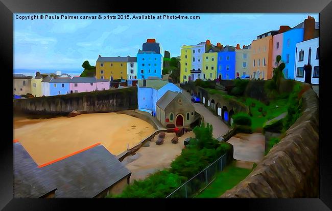 Picturesque,pastel houses in Tenby harbour Framed Print by Paula Palmer canvas