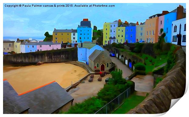 Picturesque,pastel houses in Tenby harbour Print by Paula Palmer canvas