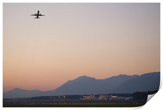 Aircraft taking off at dusk Print by Ian Middleton