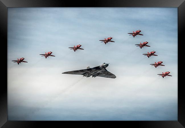Vulcan XH558 and The Red Arrows Framed Print by Jeni Harney
