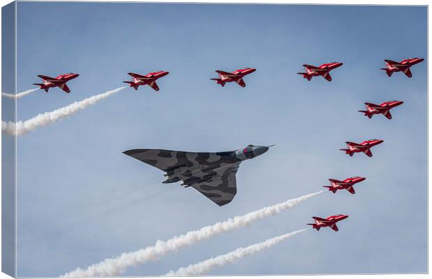 Vulcan XH558 and The Red Arrows Canvas Print by Jeni Harney