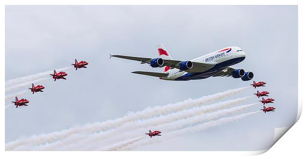 British Airways Airbus A380 with Red Arrows Print by Oxon Images
