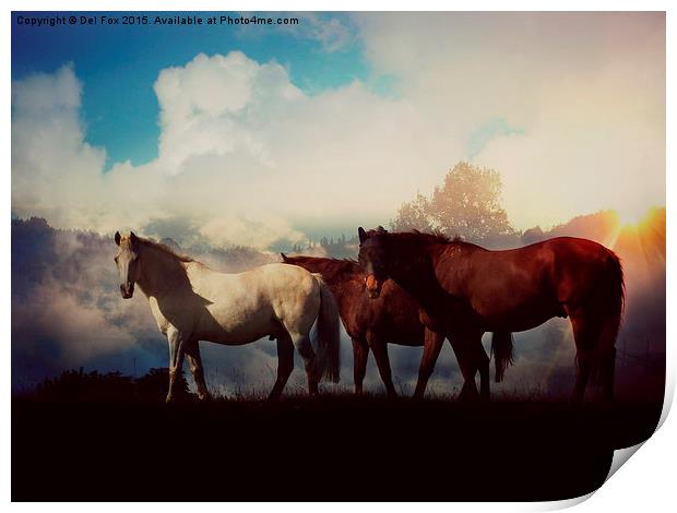  horses on a misty morning Print by Derrick Fox Lomax