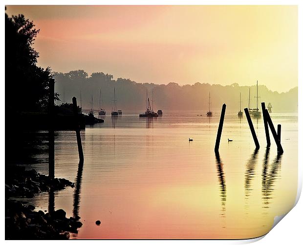  Boats In The Mist Print by Tom and Dawn Gari