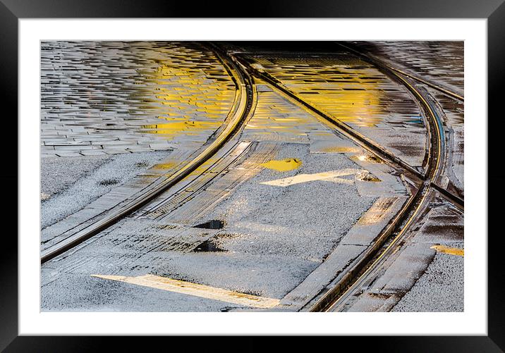 Manchester reflections of a commuter tram Framed Mounted Print by Chris Warham