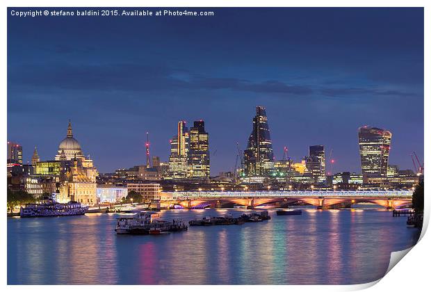 London skyline and river Thames at night, London,  Print by stefano baldini