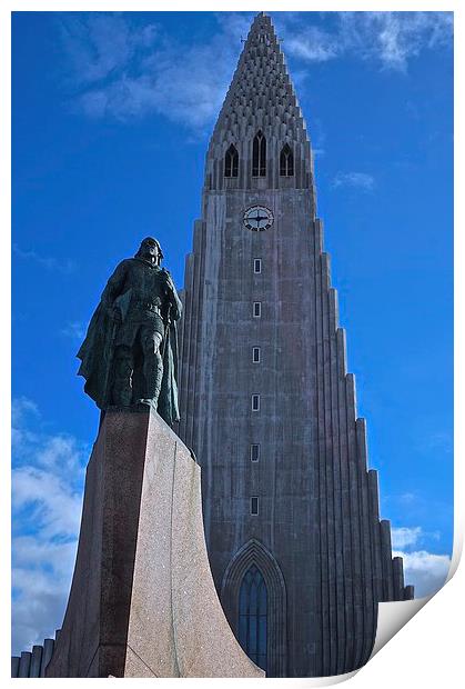  Hallgrimskirkja Parish Church and Statue Iceland  Print by Sue Bottomley
