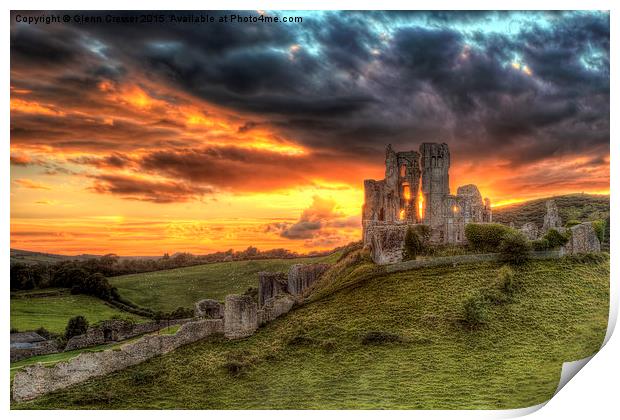  Sunset over Corfe Castle Print by Glenn Cresser