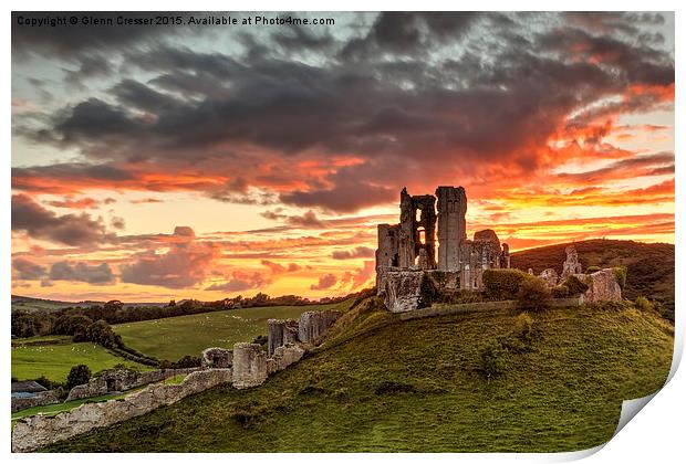  Sunset over Corfe Castle in Dorset Print by Glenn Cresser