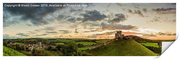  Panoramic looking over Corfe Castle Print by Glenn Cresser