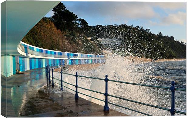 Rough seas and chalets at Meadfoot Beach Torquay Canvas Print by Rosie Spooner