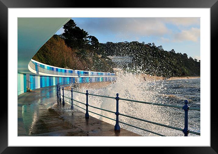 Rough seas and chalets at Meadfoot Beach Torquay Framed Mounted Print by Rosie Spooner