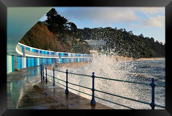  Rough seas and chalets at Meadfoot Beach Torquay Framed Print by Rosie Spooner
