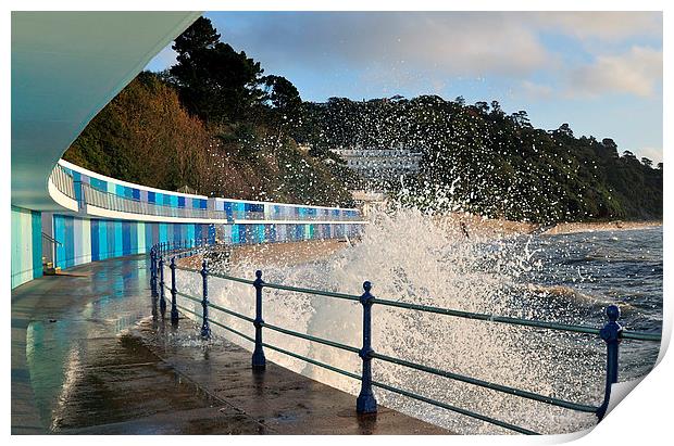  Rough seas and chalets at Meadfoot Beach Torquay Print by Rosie Spooner