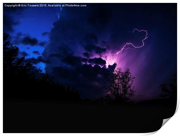purple lightning between clouds Print by Eric Fouwels