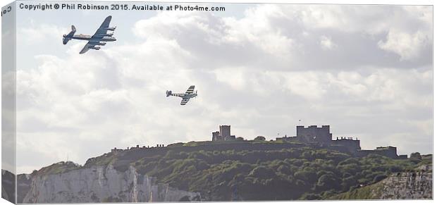 Lancaster Bomber and a Spitfire flying over Dover Canvas Print by Phil Robinson