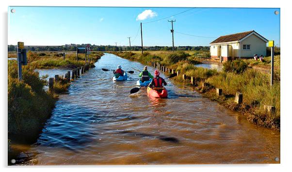  Kayaking down the road - Brancaster high tide 30/ Acrylic by Gary Pearson