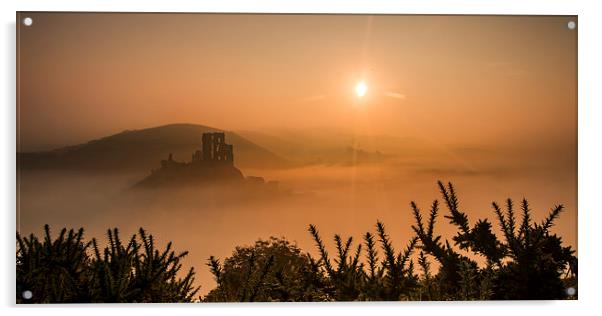 Misty Sunrise at Corfe Castle Acrylic by Kevin Browne
