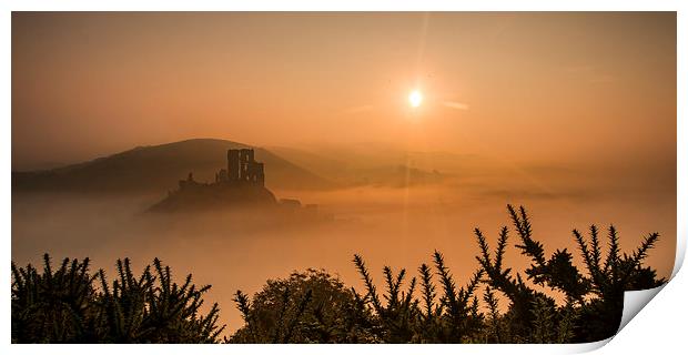 Misty Sunrise at Corfe Castle Print by Kevin Browne