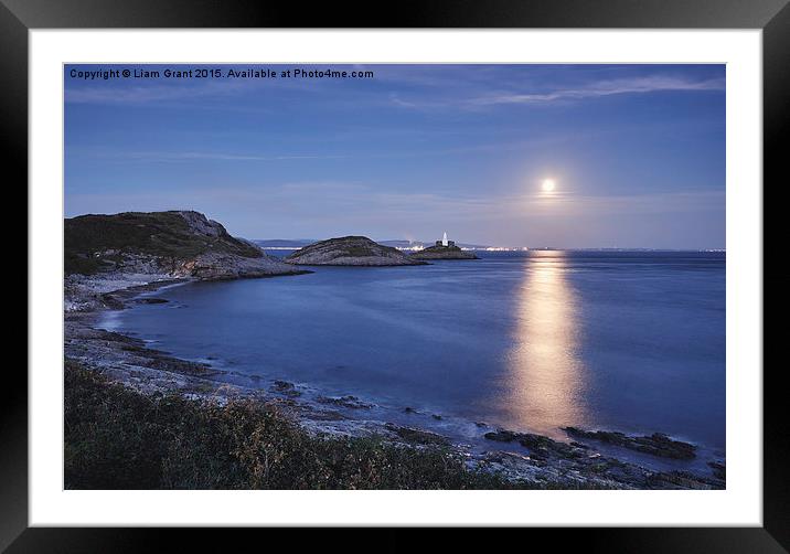 Full moon and lighthouse at Mumbles Head. Wales, U Framed Mounted Print by Liam Grant