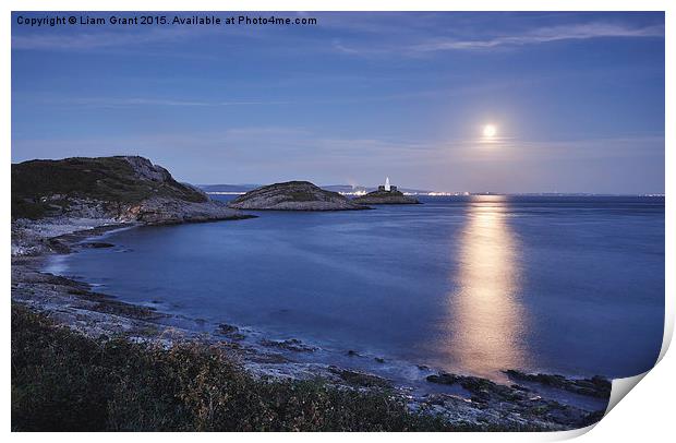 Full moon and lighthouse at Mumbles Head. Wales, U Print by Liam Grant
