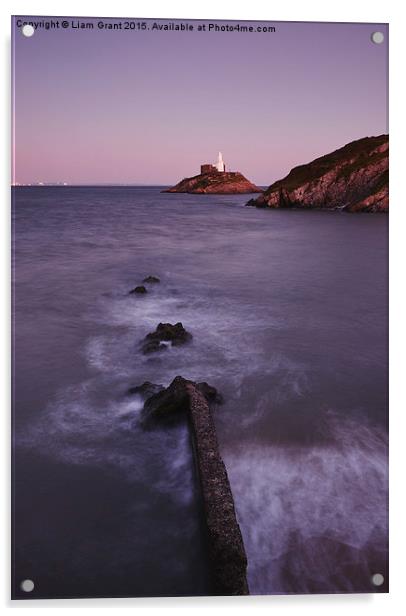 Lighthouse at dusk. Mumbles, Wales, UK. Acrylic by Liam Grant