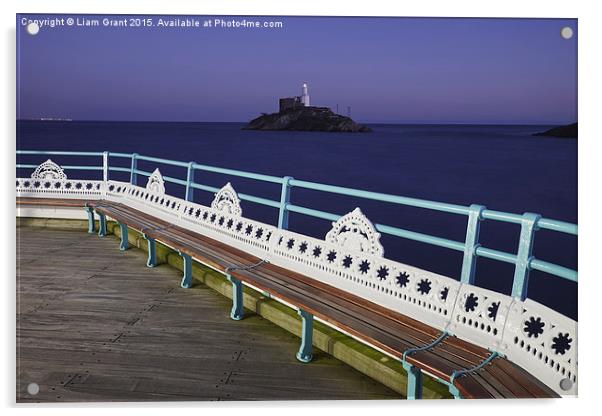 Lighthouse at dusk from Mumbles Pier. Wales, UK. Acrylic by Liam Grant