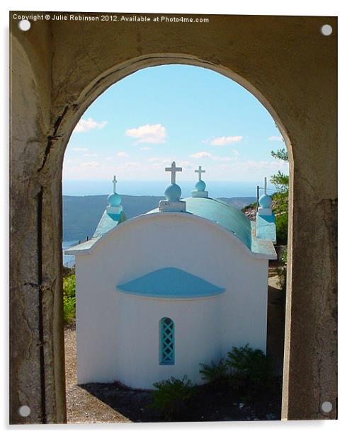 Greek Church through the Arch Acrylic by Julie Robinson