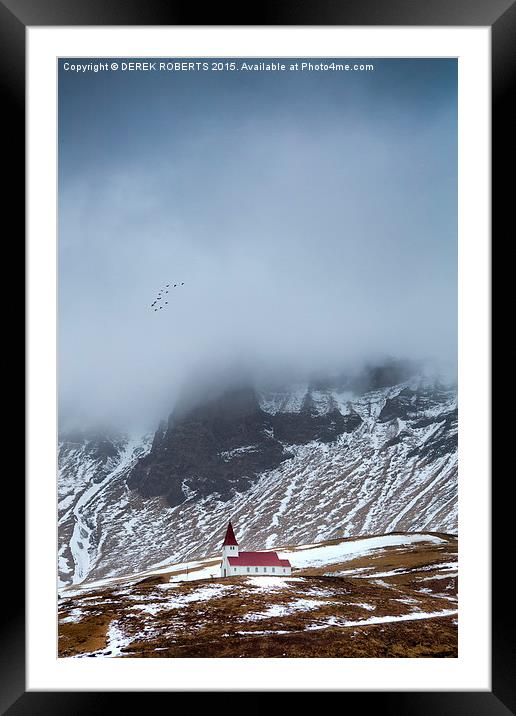 Church and migrating birds at Vik, Iceland Framed Mounted Print by DEREK ROBERTS