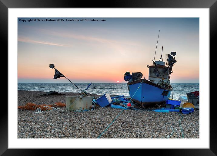 Blue Fishing Boat on a beach in Suffolk Framed Mounted Print by Helen Hotson