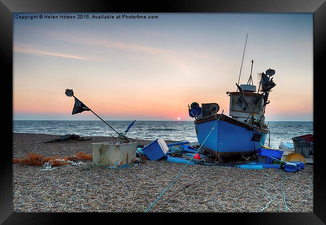 Blue Fishing Boat on a beach in Suffolk Framed Print by Helen Hotson