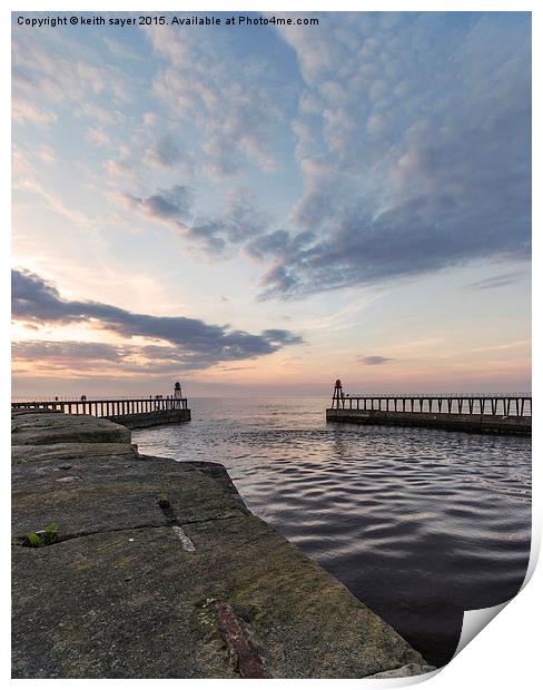  East and West piers Whitby Print by keith sayer