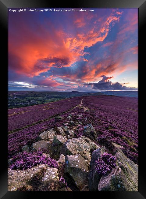 Winhill purple and orange sunset, Peak District, E Framed Print by John Finney