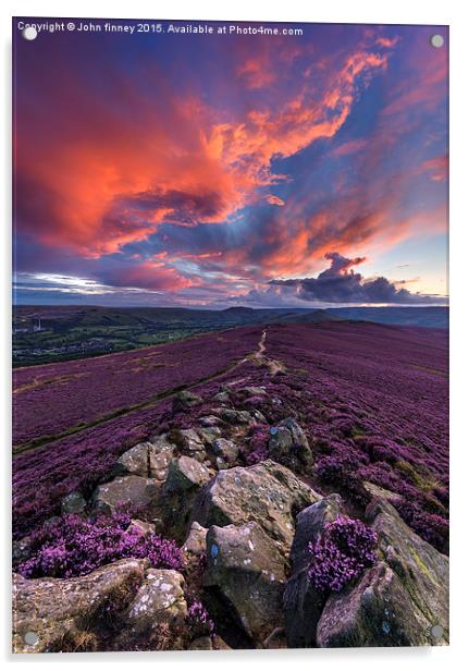 Winhill purple and orange sunset, Peak District, E Acrylic by John Finney