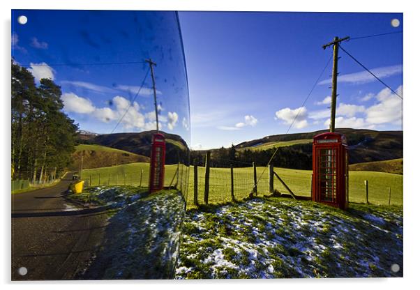 Red phonebooth and Scottish landsape reflecting in Acrylic by Gabor Pozsgai